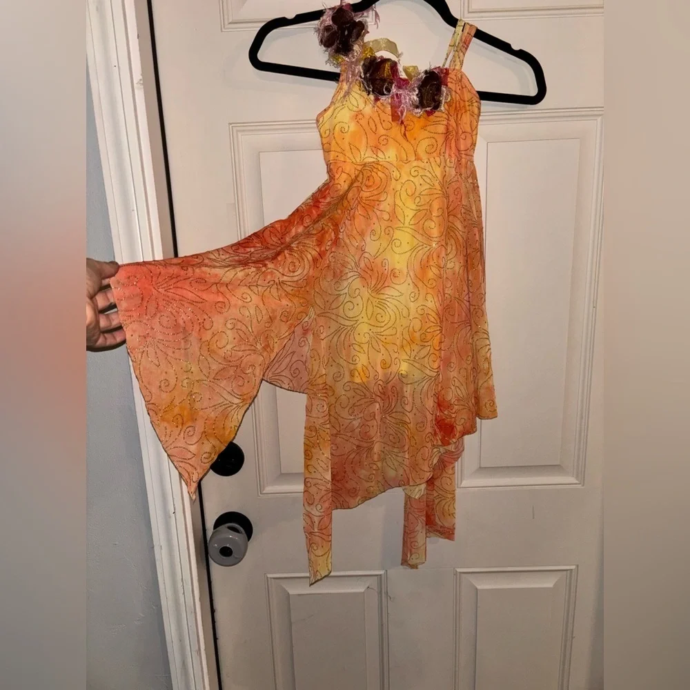 Revolution Dancewear Orange Glitter Tulle Lyrical Dance Costume asymmetrical